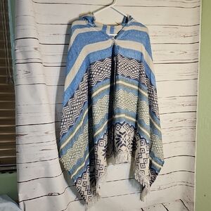 Hooded Poncho Cape‎ Blue White Geometric Print Fringe Southwestern Boho Cover Up